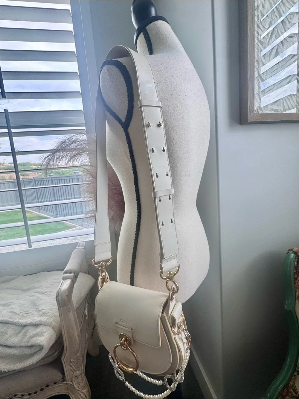 Chloé Tess Small Cream Leather Crossbody Gold Ring Bag